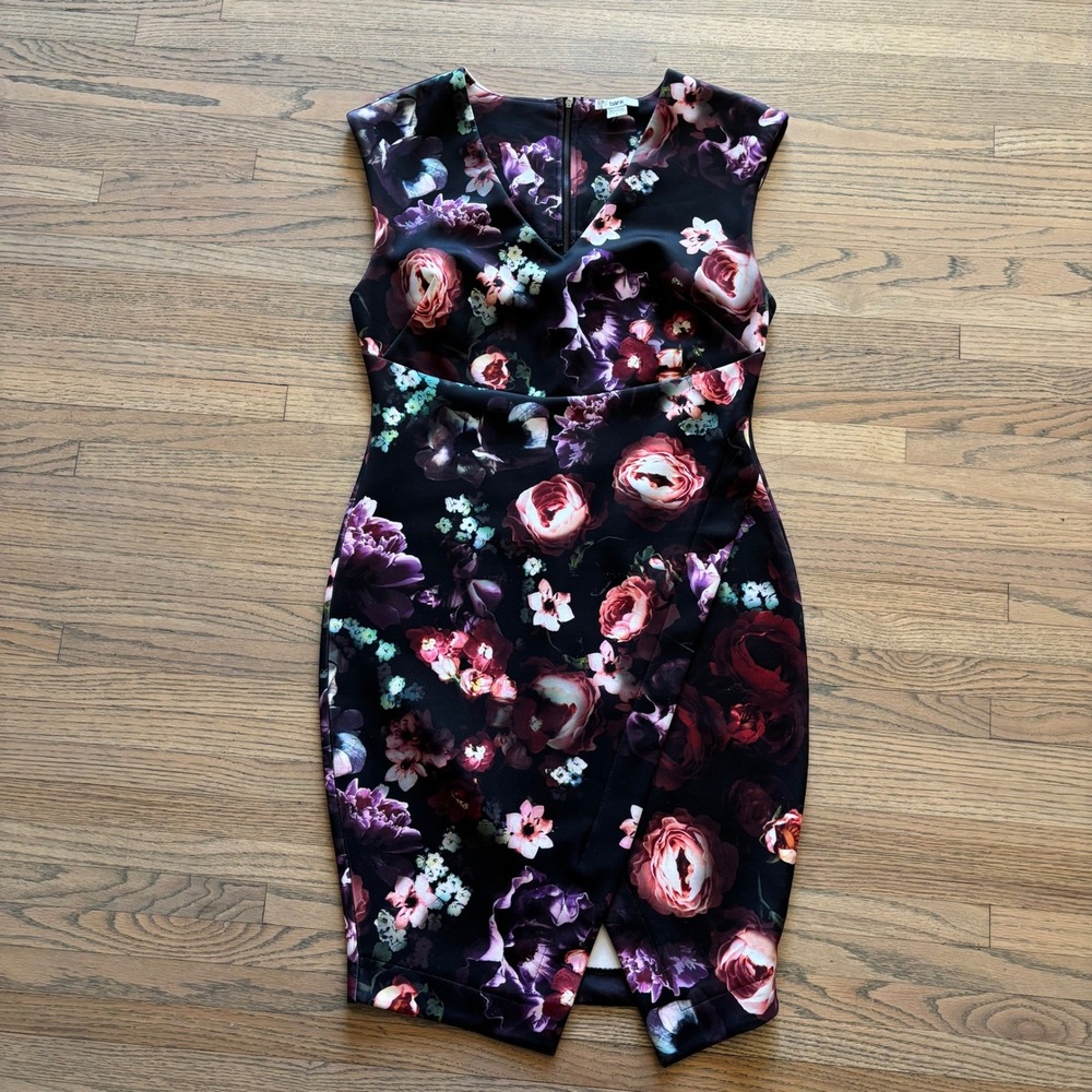 Bar III‎ Womens Black Floral Sleeveless Bodycon Sheath Dress Large V-Neck Knee L